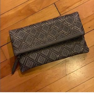 Gray faux leather clutch with silver metal detail